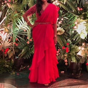 Pre-draped Ruffle Indian Saree and Embellished Blouse with Belt